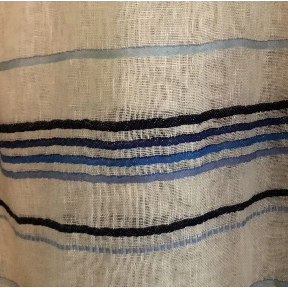 J Crew 100% Linen Peasant Blouse Womens Sz S Sheer Indigo Striped Coastal Beach